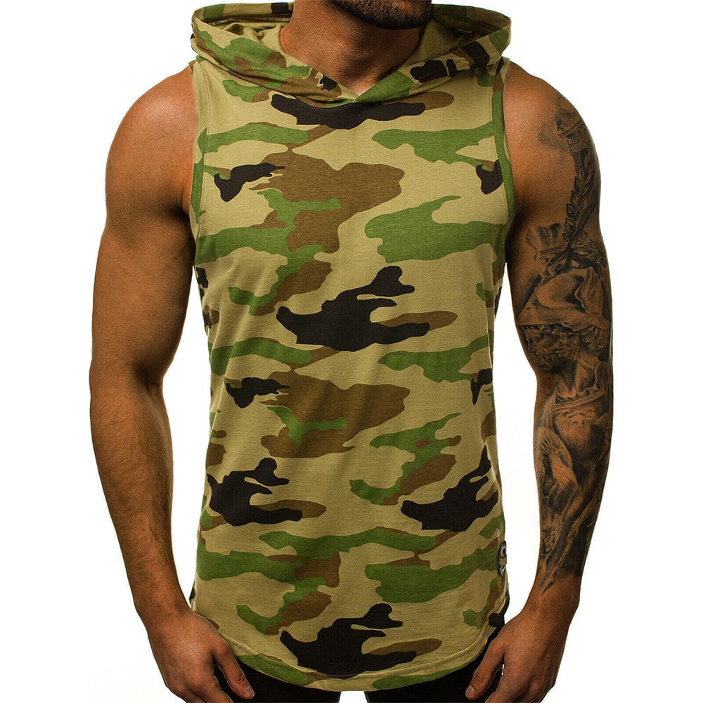 80’s Camo workout hooded vest. Camouflage green L