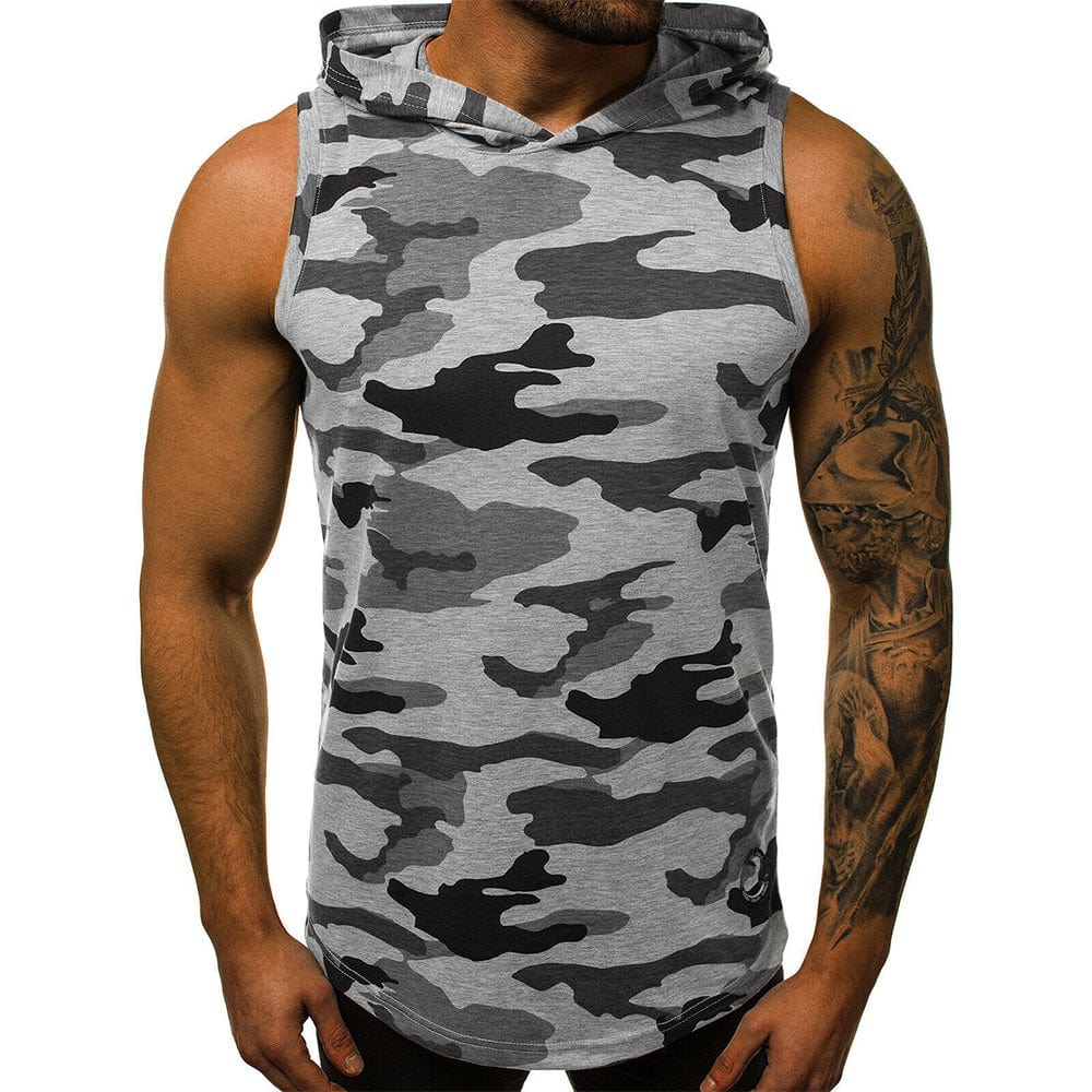 80’s Camo workout hooded vest. Camouflage light gray XXXL