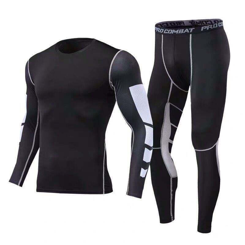 Men's Two-piece tights and long sleeve compression suit Black