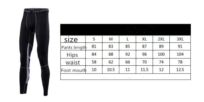 Size chart specifically for the men's compression pants