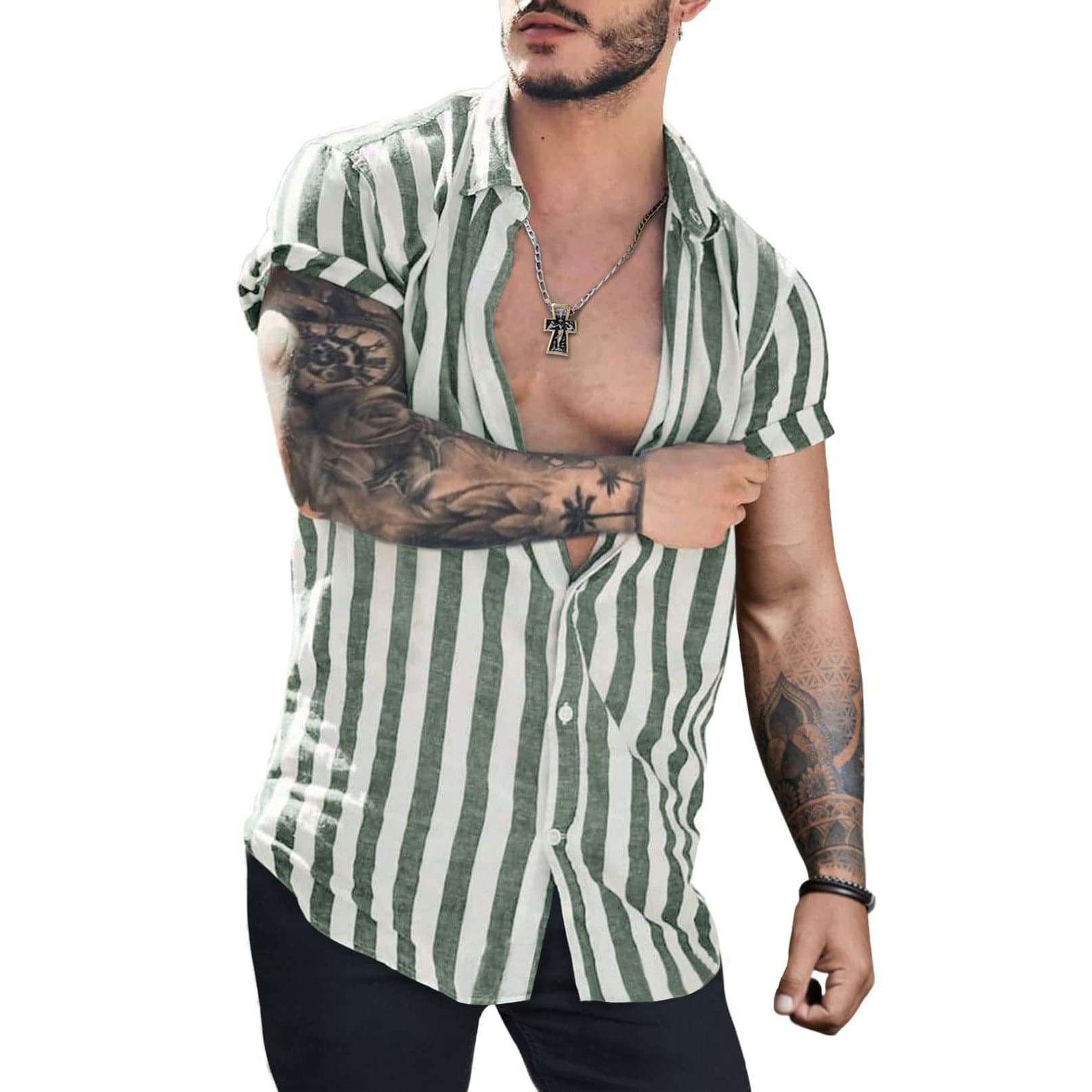 Men’s Lapel Striped Short Sleeve Shirt Green
