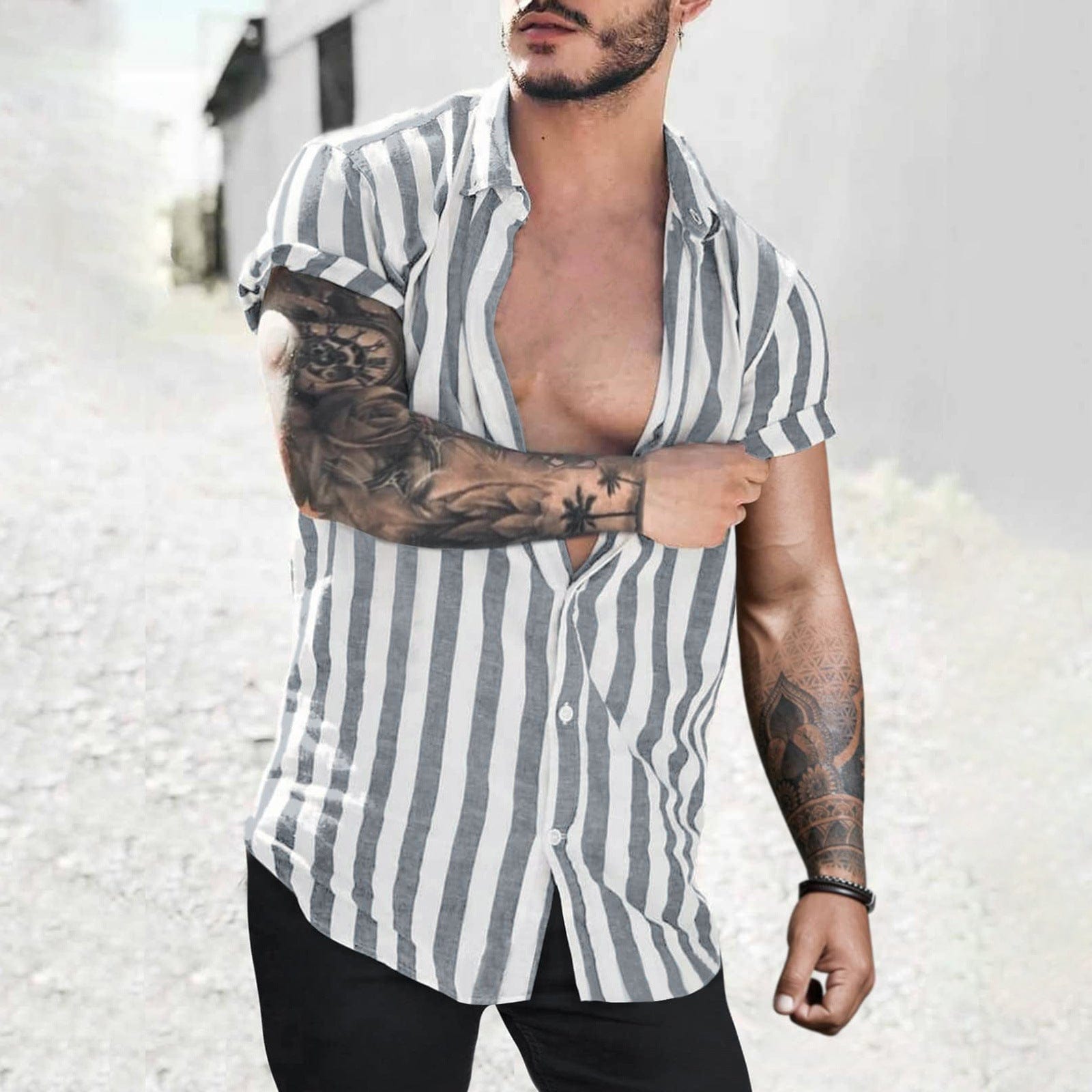Men’s Lapel Striped Short Sleeve Shirt Grey