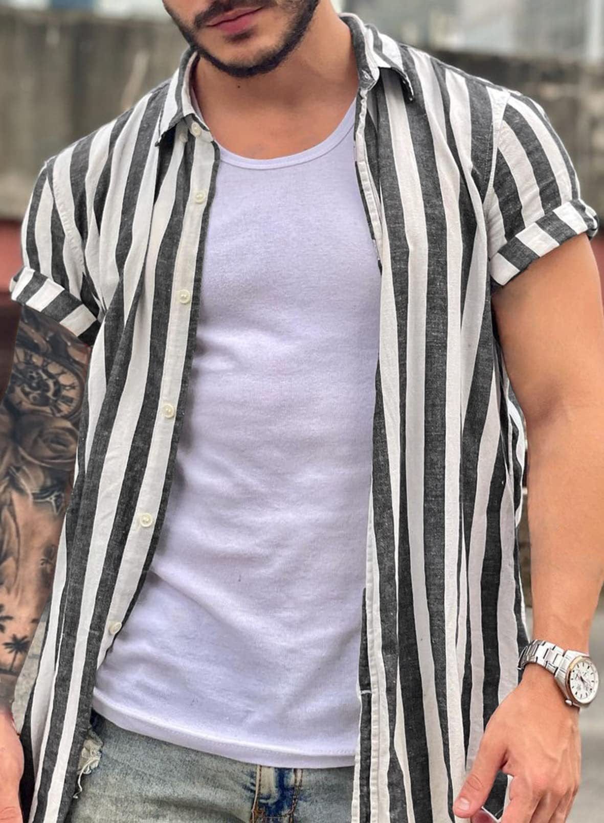 Men’s Lapel Striped Short Sleeve Shirt