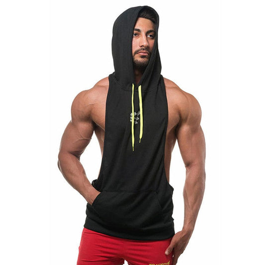 Unisex Sleeveless Hooded Fitness Loose Pullover Black