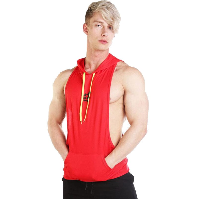 Unisex Sleeveless Hooded Fitness Loose Pullover Red