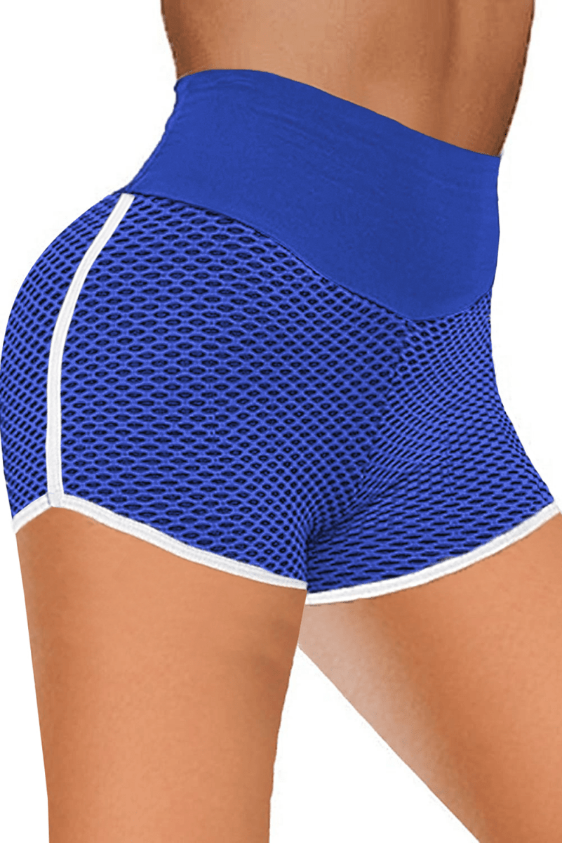 Blue High Waist Honeycomb Contrast Stripes Butt Lifting Shorts - ALLRJ