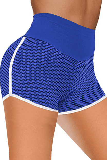 Blue High Waist Honeycomb Contrast Stripes Butt Lifting Shorts - ALLRJ