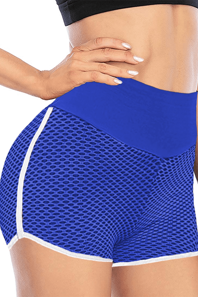 Blue High Waist Honeycomb Contrast Stripes Butt Lifting Shorts - ALLRJ