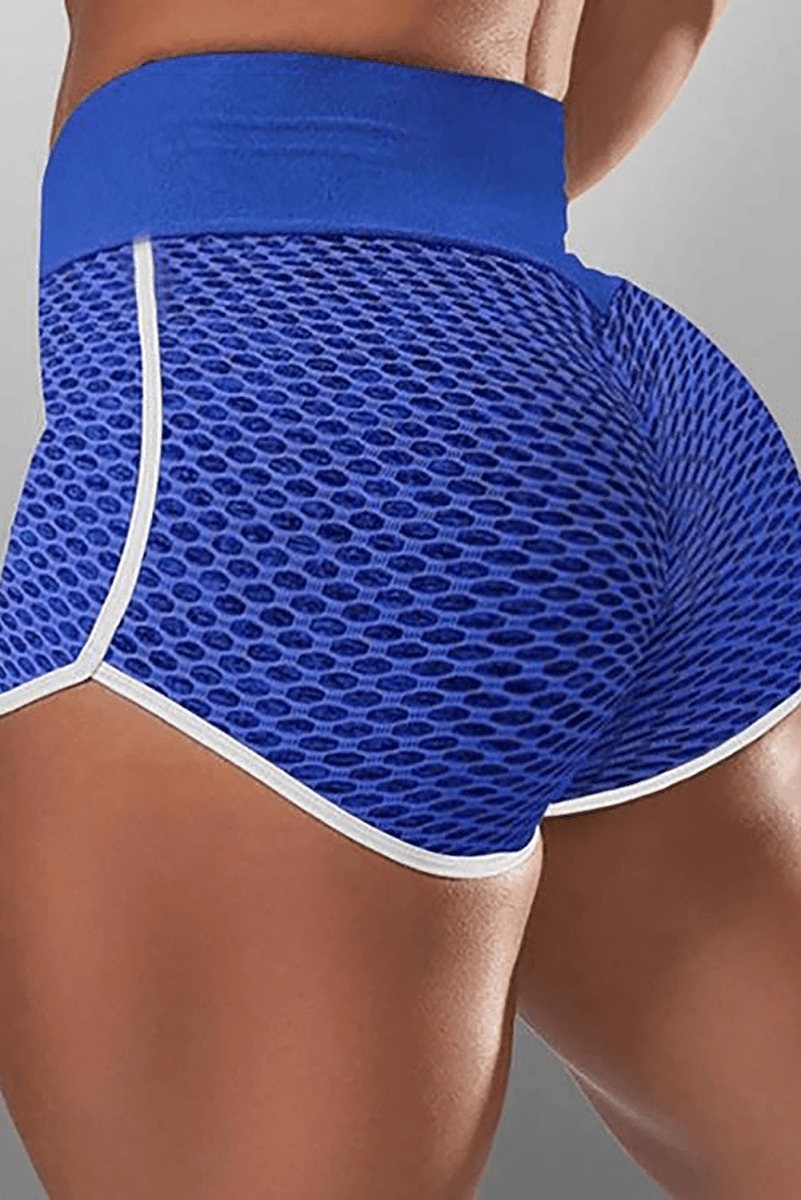 Blue High Waist Honeycomb Contrast Stripes Butt Lifting Shorts - ALLRJ