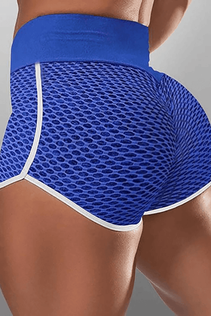 Blue High Waist Honeycomb Contrast Stripes Butt Lifting Shorts - ALLRJ
