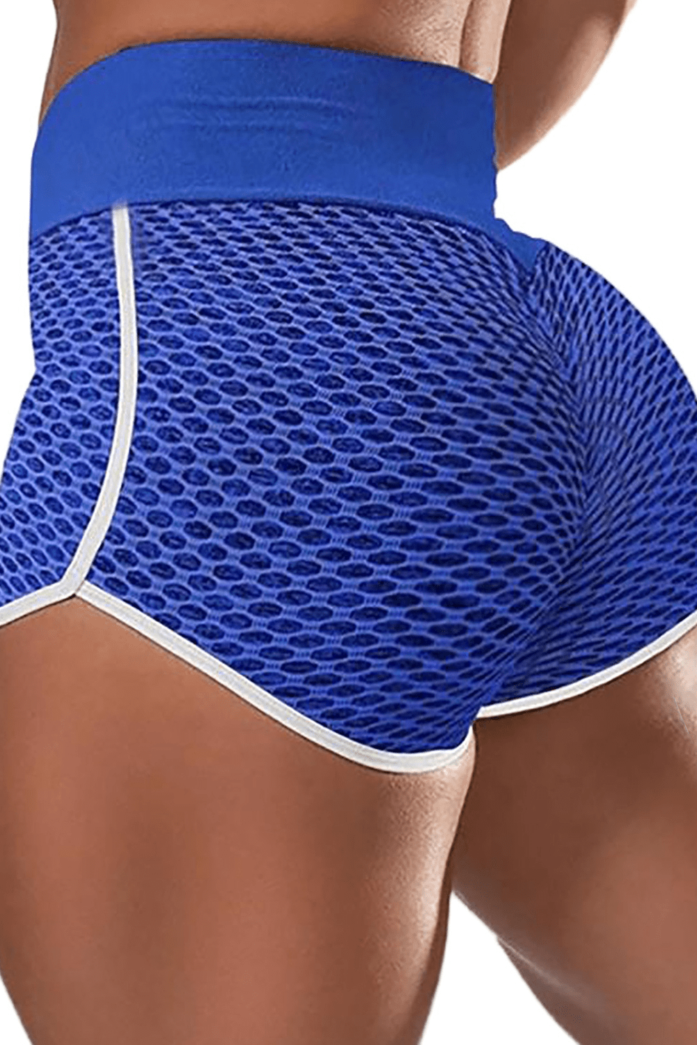 Blue High Waist Honeycomb Contrast Stripes Butt Lifting Shorts - ALLRJ
