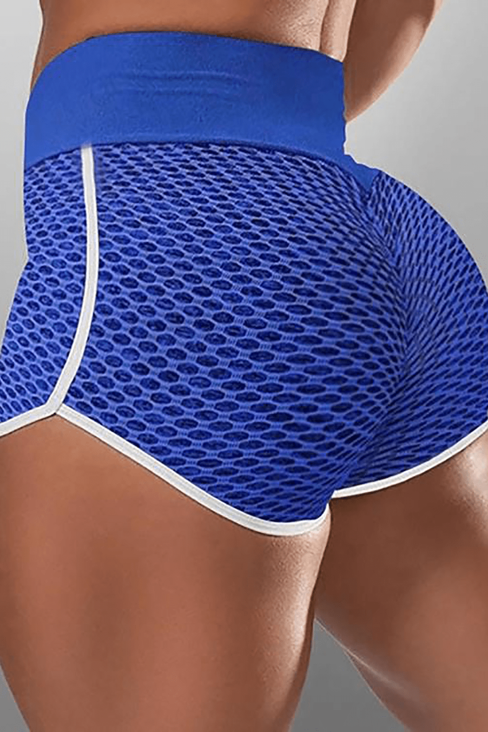 Blue High Waist Honeycomb Contrast Stripes Butt Lifting Shorts Blue