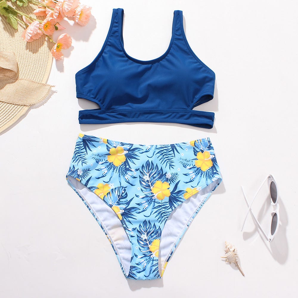 Ladies High Waist Solid Color Printed Swimsuit - ALLRJ
