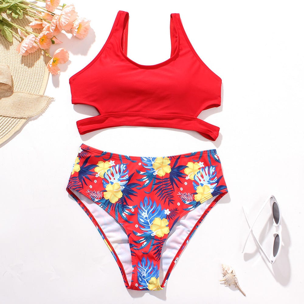 Ladies High Waist Solid Color Printed Swimsuit - ALLRJ