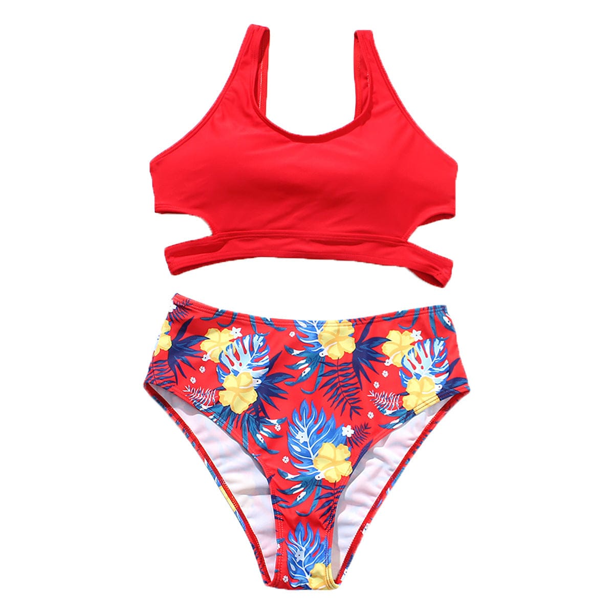 Ladies High Waist Solid Color Printed Swimsuit - ALLRJ