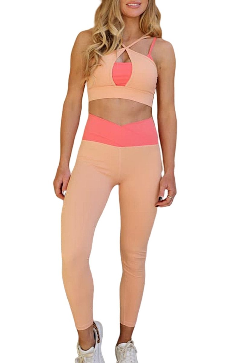 Orange Two - Tone Colorblock Bra Leggings Active Wear Set - ALLRJ