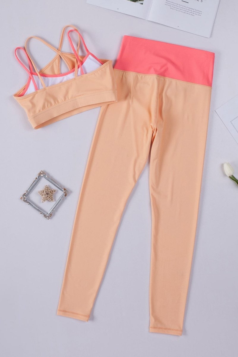 Orange Two - Tone Colorblock Bra Leggings Active Wear Set - ALLRJ