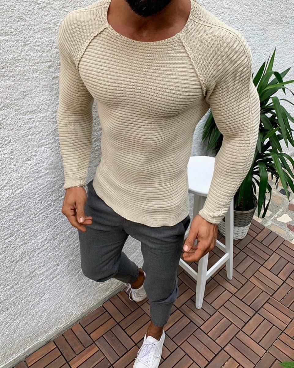 Slim - fit Long - sleeved Round Neck Knit Pullover Shirt - ALLRJ