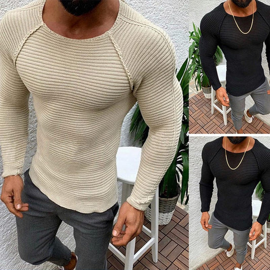 Slim - fit Long - sleeved Round Neck Knit Pullover Shirt - ALLRJ